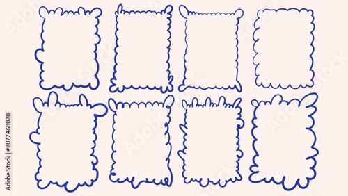 Vector set of hand drawn blue rectangle frames with wavy edges. Monochrome doodle border collection isolated on background for text box template child design social media graphics layout and web decor