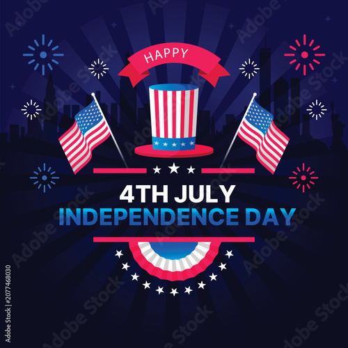 Happy 4th of July USA Independence Day Poster with American Flags, Fireworks and Patriotic Hat. 4th of July Independence Day Celebration Background with American Flags