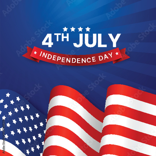4th of July USA Independence Day Background with Waving American Flag and Patriotic Ribbon. USA Independence Day Celebration Background with Waving Flag