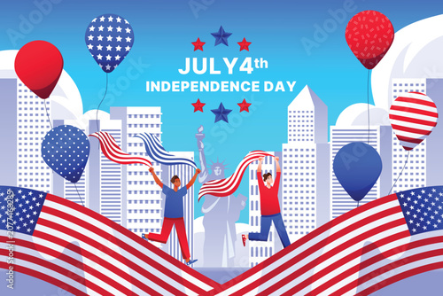 Happy 4th of July USA Independence Day Celebration with American Flags, Balloons and City Skyline. USA Independence Day Illustration with American Flags, Balloons and City Skyline