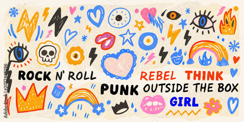 Foto Punk Rock Doodle Collection Colorful Vector Illustration With Handwritten Text