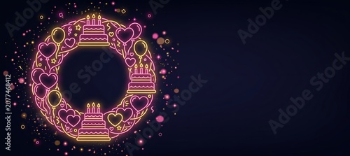 Pink Neon Birthday Circle Frame with Cake and Gift Icons on Dark Background, Copy Space