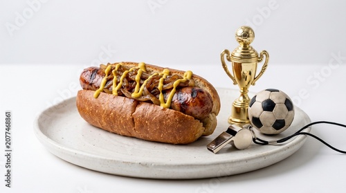 Conceptual composition of a grilled hot dog with mustard, a golden trophy, and a soccer ball on a white plate