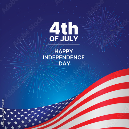 4th of July USA Independence Day Celebration Social Media Banner with American Flag and Fireworks. Happy Independence Day 4th of July Background with Waving American Flag