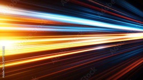 High speed light with blue and orange stripes in abstract, futuristic technological concept, showing motion blur against fast forward timeline background, creating a captivating visual effect that rep