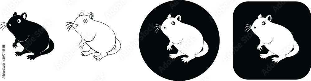 Fototapeta premium Cute hamster set in four variations, featuring a small rodent in solid, outline, circular, and square button formats