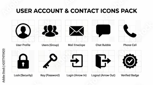User account icons set featuring contact profile security login and communication symbols for web interface design on white background