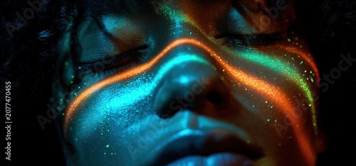 Extreme Close-Up Portrait with Glitter Makeup and Colorful Neon Light