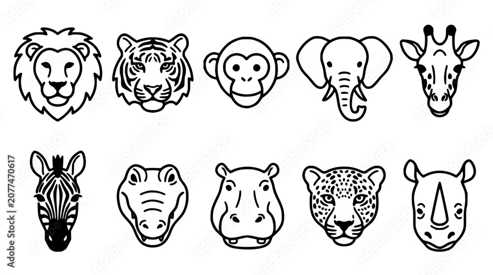 Fototapeta premium Animal Heads Icon Set Outline and Filled Style for Wildlife Themed Design, Logos, Branding, Education, and Decorative Graphics
