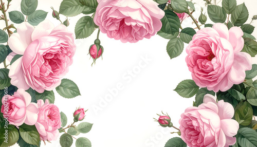 Vintage Pink Roses Floral Border Design with Green Leaves.