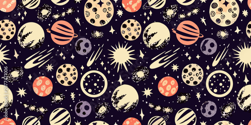 Photos Retro space themed vector pattern with planets comets and stars