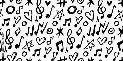 Foto Musical notes and shapes black and white seamless vector pattern