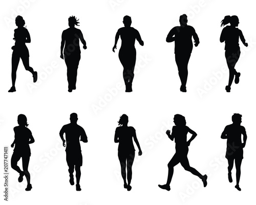 Black silhouettes of men and women in various running and jogging poses 