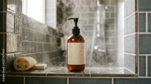 Amber Glass Pump Bottle in Steaming Shower for Skincare and Hygiene