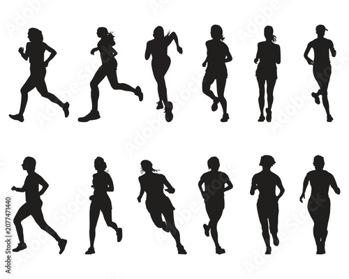 Black silhouettes of men and women in various running and jogging poses 