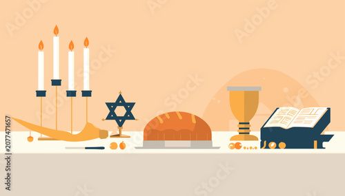 Schilderij op canvas A collection of religious symbols and items, including a menorah, shofar, Star of David, challah bread, kiddush cup, and Torah, set against a warm, peachy background