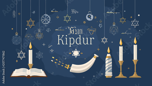 Tableau sur toile Yom Kippur holiday illustration with candles, shofar, open prayer book, and Jewish symbols on a dark blue background