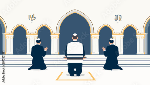 Tableau sur toile Three Jewish men praying in a synagogue, with one wearing a tallit and kippah, depicting a scene of religious worship and tradition