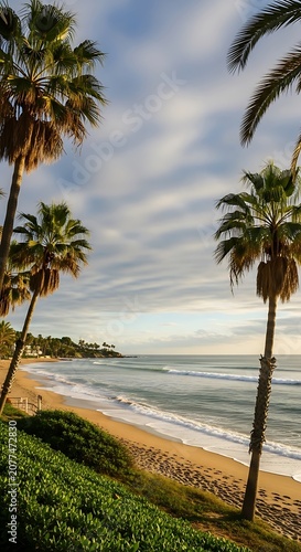 Tropical beach with palm trees and ocean view.