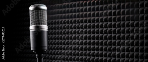 A silver and black microphone stands in front of a textured dark grey acoustic foam wall