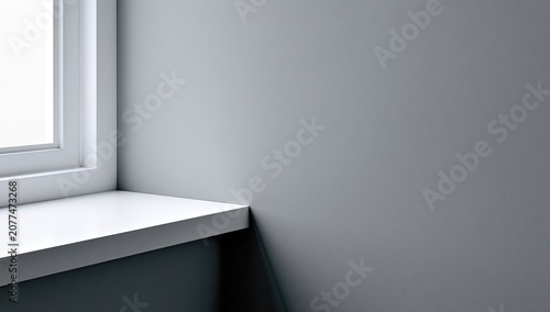 Minimalist interior with bright window ledge against a plain grey wall