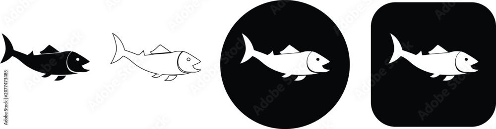 Fototapeta premium Set of four displaying a fish with an open mouth, rendered in solid black, outline, circle, and square frame styles
