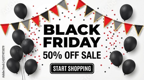 Black friday sale banner with black balloons and red and black bunting flags isolated on white background