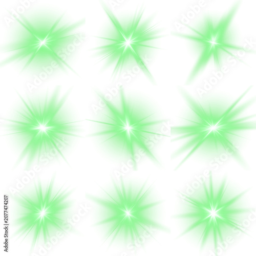 Bundle of star explosion blast Green shimmering, for greeting cards.