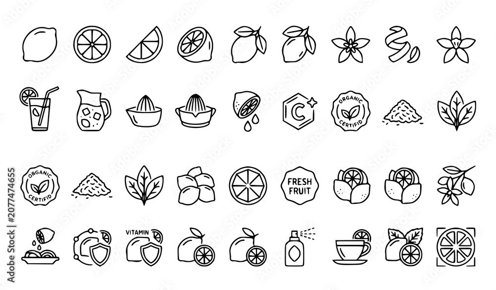 Obraz premium Lemon Fruit and Citrus Slice Outline Icons Vector Collection