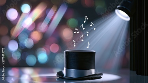 Magical Top Hat with Musical Notes Emerging Under Spotlight.
