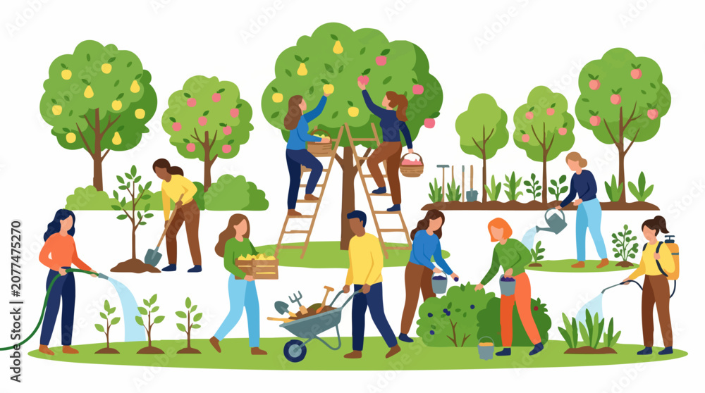 Naklejka premium People gardening and harvesting in a vibrant, productive garden