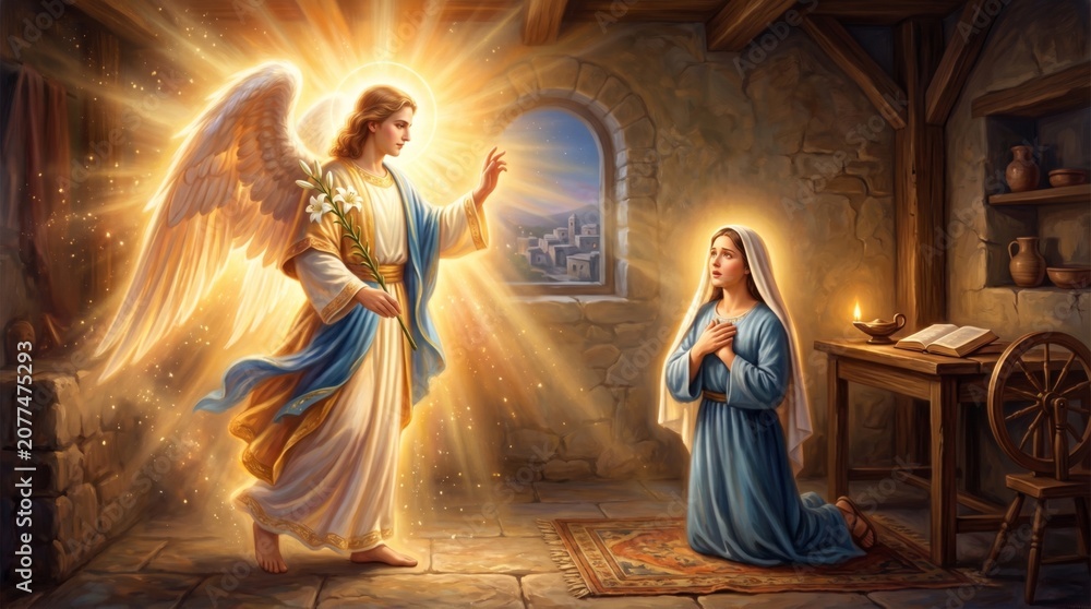 Fototapeta premium Angel Gabriel appearing to young woman Mary in classic biblical annunciation scene. Divine glowing celestial being with lily visiting humble home. Religious faith and Christmas concept.