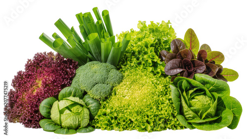 Tableau sur toile Fresh green and red lettuce broccoli cabbage, and scallions assortment