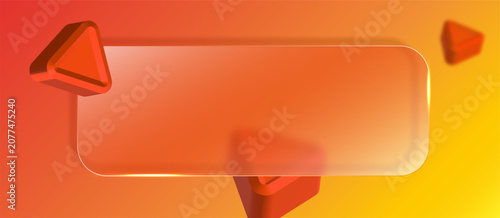 The design of the banner has glass morphism effects with a matte translucent rectangular panel and abstract three-dimensional triangles hovering against an orange background. 