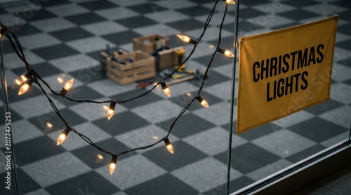 Christmas lights sign hanging on a glass wall with tools in the background