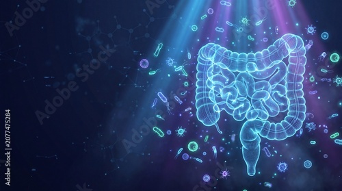 Glowing blue human intestine with bacteria and viruses floating around it in a dark background with beams of light shining down on the microbes and intestinal tract