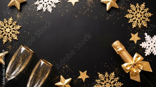 Champagne bottle and glasses with gold stars and snowflakes on a black background