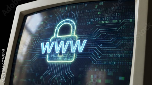Closeup on LCD screen with focus on www padlock. Internet security cybersecurity concept. 3d illustration