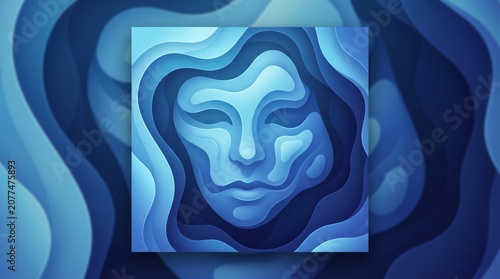 Abstract paper cut style illustration of a human face in shades of blue