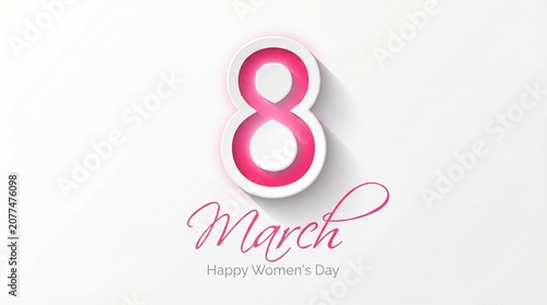 8 march happy womens day greeting card with pink number eight isolated on white background