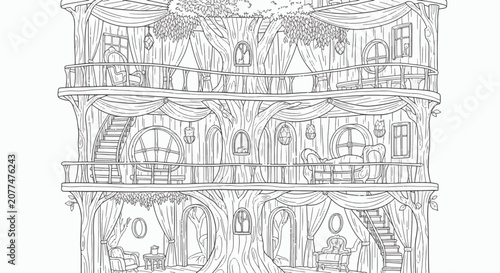 Black and white line art coloring page showing a three-story fantasy willow treehouse interior with balconies, arched windows, winding stairs, furniture, curtains, and leaf details.