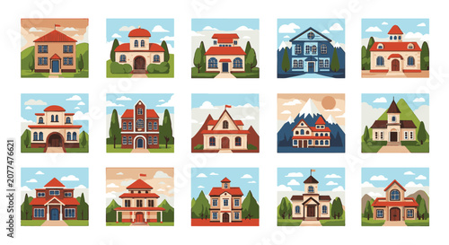 Vector illustration collection of fifteen distinct architectural house designs including cottages, villas, and suburban homes with red roofs, gardens, and mountain landscapes.