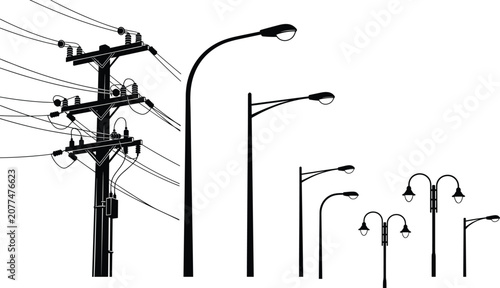 Fotografía Urban streetlight and utility pole silhouettes set for infrastructure design cit