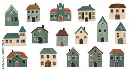 Collection of fifteen hand-drawn artisanal houses in naive art style. Set features varied architecture, textured roofs, and muted earthy colors like sage green, beige, and terracotta on white.