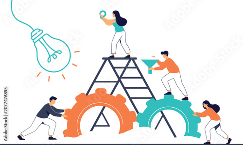 Business teamwork mechanism concept with small people pushing giant gears and climbing ladders toward creative lightbulb idea flat vector illustration