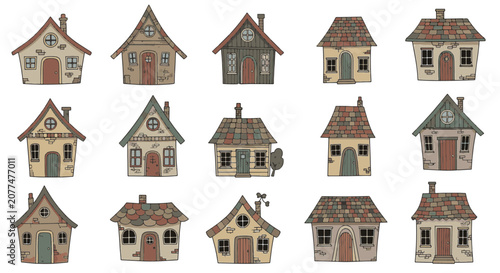 Set of 15 whimsical hand-drawn cottages in naive art style featuring architectural details like tiled roofs, chimneys, and arched doors isolated on a plain white background.