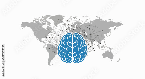 A stethoscope monitors a blue brain on a world map background with dots.
