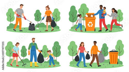 Fotografía Families and volunteers collect litter and recycle waste to keep the local community park clean