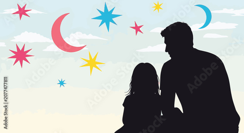Silhouette of a father and young daughter sitting together looking at a stylized sky filled with colorful crescent moons and multi-pointed stars against soft clouds background.