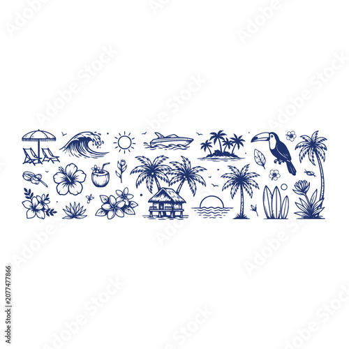 Detailed blue line collection of tropical beach vacation including palm trees, toucan, waves, bungalow, and flowers on white